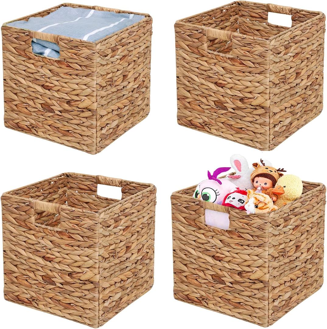 Storage Baskets Wicker Cube Baskets Foldable Handwoven Water Hyacinth Laundry Organizer,Cube Storage Baskets,Set of 4 pcs Baskets-11x11x11inch