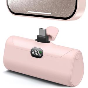 Lightweight Pink USB C Power Bank Portable Charger 5000mah with Kickstand for iPhone 17,Type-c Battery Pack Charger with Digital Display for iPhone 16/Samsung/Android phones, Pinky Gift for Her Phones