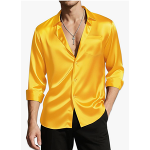 DiBanGu Mens Long Sleeve Button Down Shirt,Satin Shiny Dress Shirt for Men Solid Regular Fit Shirts with Pocket Wedding Party Size L