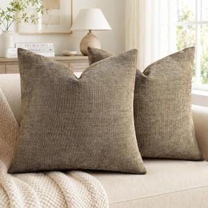 decorUhome Chenille Throw Pillow Covers 20x20 Set of 2, Square Decorative Pillow Covers with Zipper for Couch, Sofa, Living Room, Light Taupe