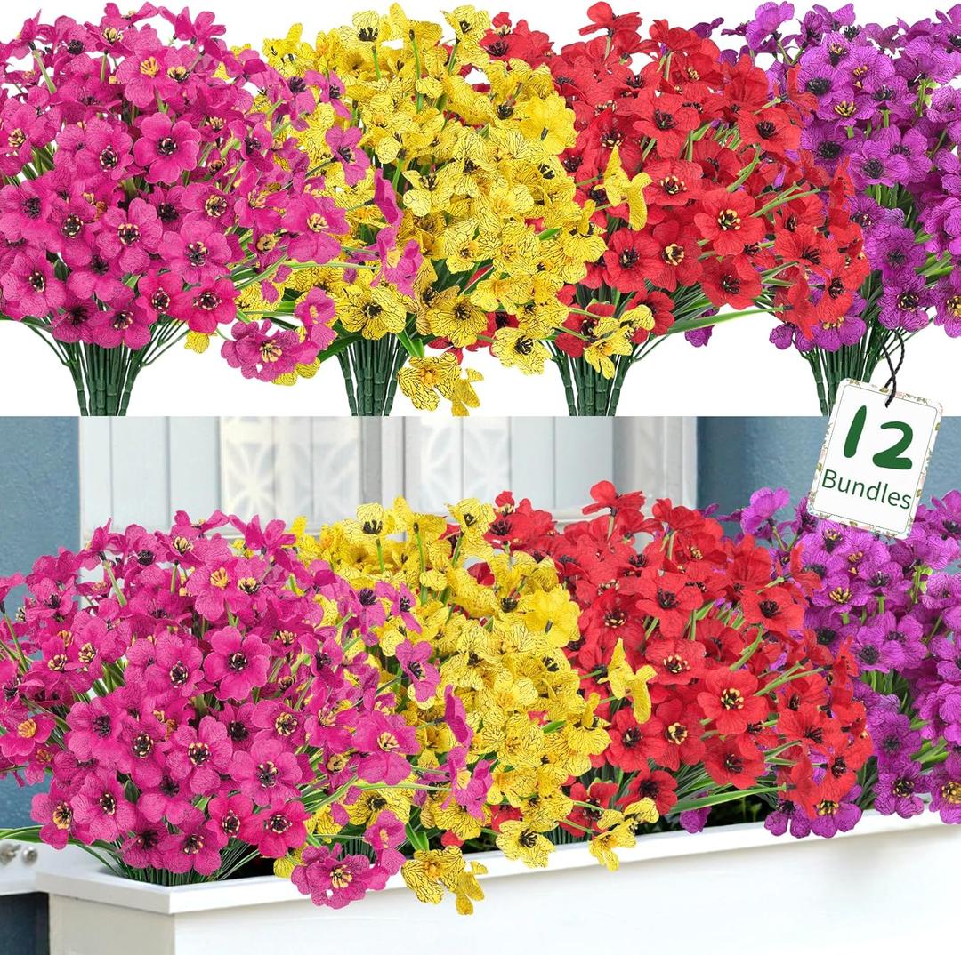 Ouddy Decor 12 Bundles Artificial Flowers for Outdoors Fake Silk Flowers UV Resistant Faux Plastic Plants for Indoor Outdoor Vase Box Garden Porch Window Box Home Spring Summer Decor, Multicolor