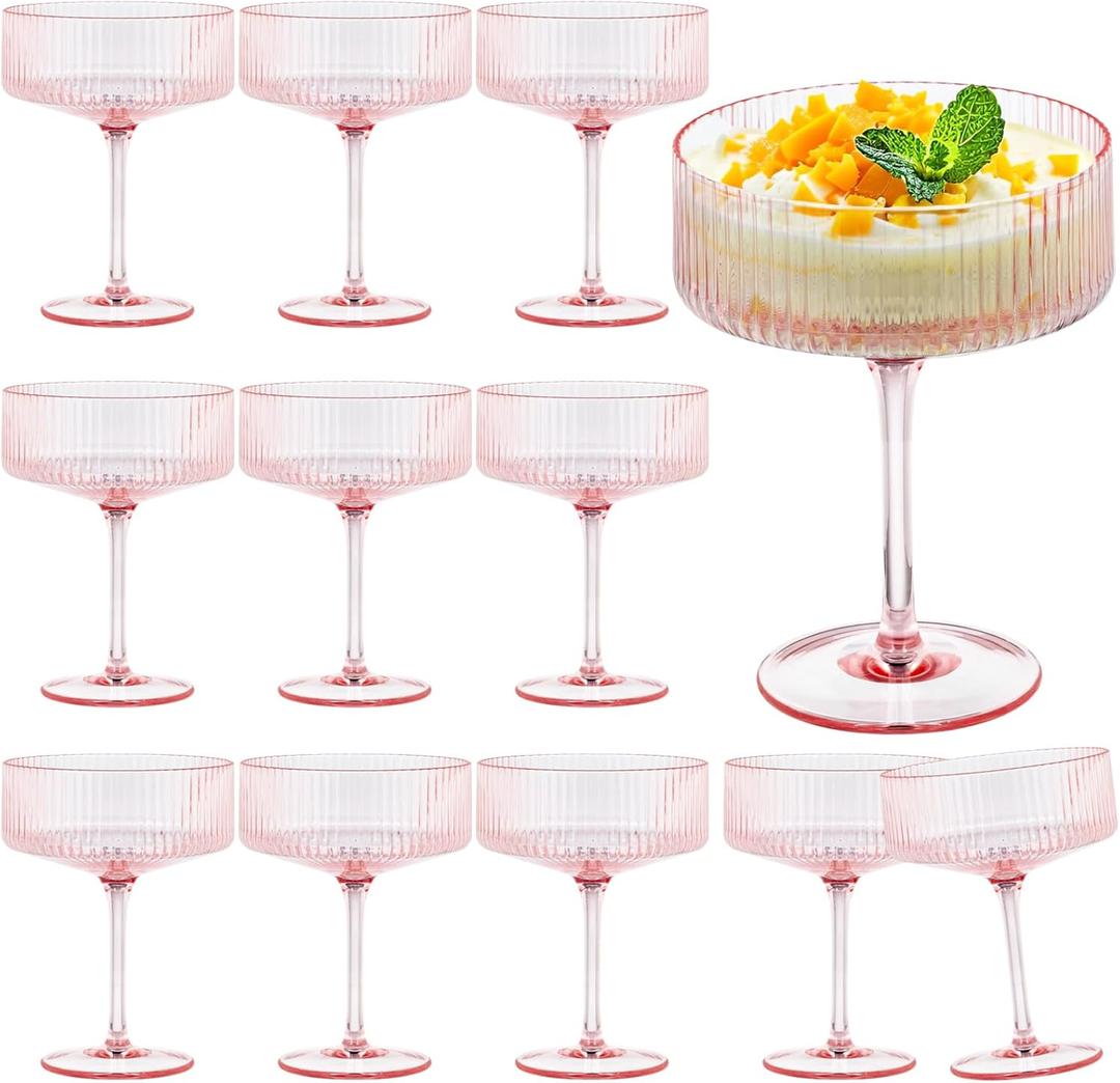 12 Pieces Martini Glasses 10.5oz Plasitc Ribbed Coupe Glasses Champagne Shatterproof Acrylic Vintage Cocktail Glassware Margarita Wine Glasses Disposable Cups for Parties Wedding Anniversary Bar Pink