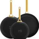 GreenPan Reserve Ceramic Nonstick 8" 9.5" and 11" Frying Pan Skillet Set, Hard Anodized, PFAS-Free, Gold-Tone Stainless Steel Handles, Dishwasher and Oven Safe, Black