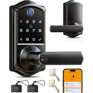Veise VE019 Fingerprint Smart Lever Lock - APP Control, Keypad Door Lock with Handle, Keyless Entry for Front Door and Bedroom, Electronic Digital Knob, Remote Grant, IP55 Weatherproof, Matte Black
