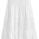 Women's Boho Shirred A Line Maxi Skirts Elastic Waist Layered Elegant Long Skirt (White, S)