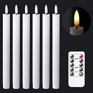 GenSwin Flameless White Taper Candles Flickering with 10-Key Remote, Battery Operated Led Warm 3D Wick Light Window Candles Real Wax Pack of 6, Christmas Home Wedding Decor(0.78 x 9.64 Inch)