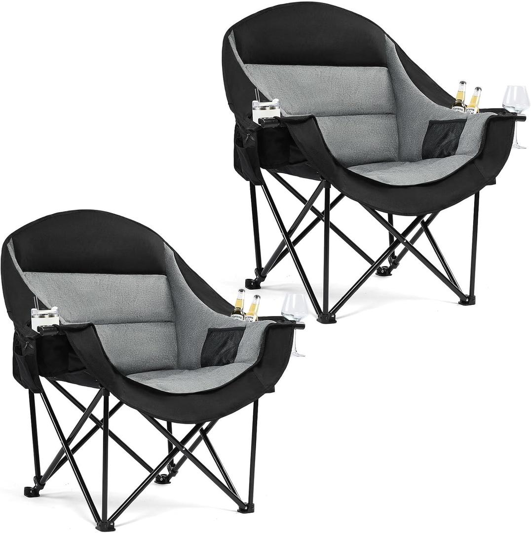 Oversized Camping Chair for Adults - Heavy Duty Outdoor Padded Large Lawn Camp Chair with Cup Holder Cooler Pockets for Sports Beach Fishing Garden Portable Supports 500lbs, Black/Grey 2 Pack