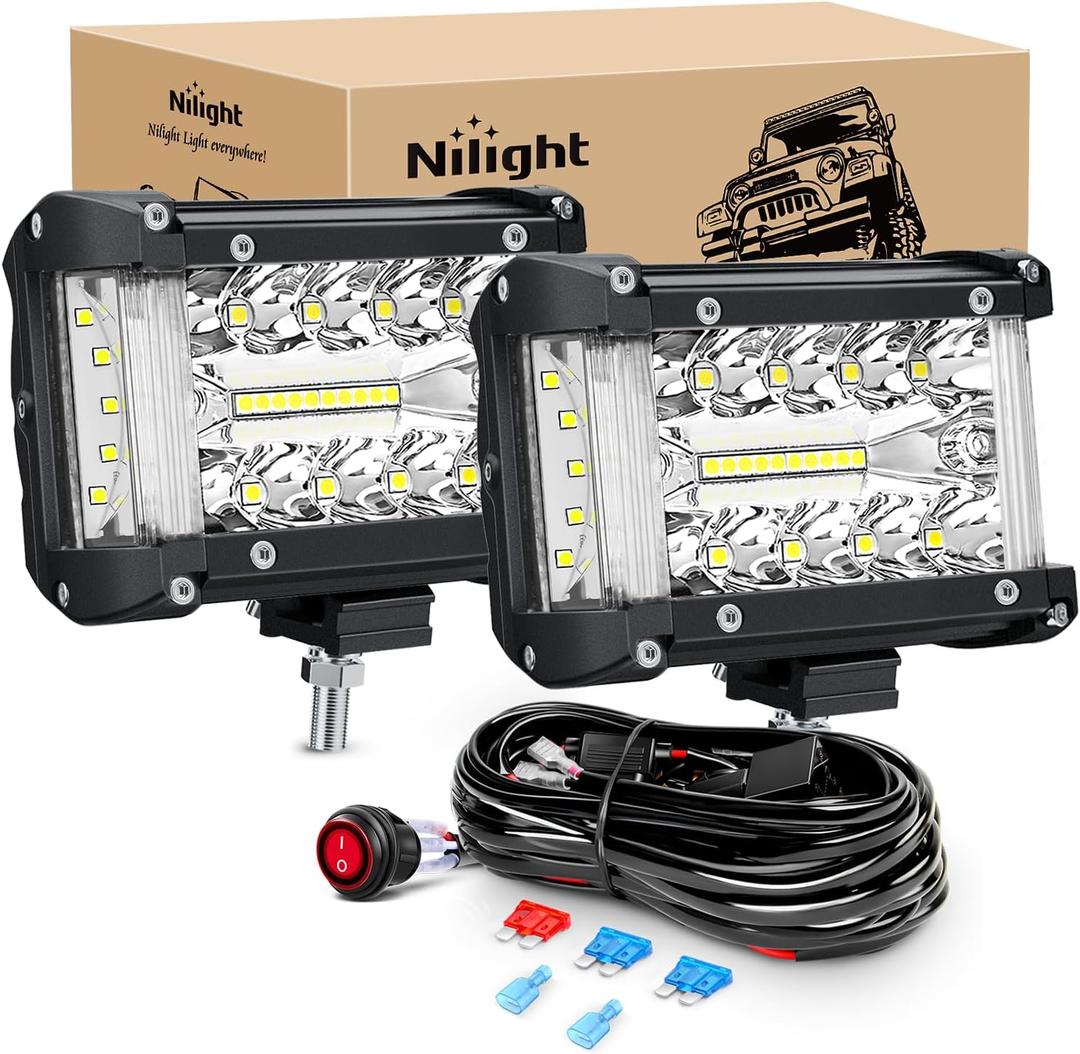 Nilight Side Shooter LED Light Bar 2PCS 4.3 Inch Triple Row Spot Flood Combo with Wiring Harness Kit for Off Road Driving Fog Work Lamp on Truck SUV ATV UTV