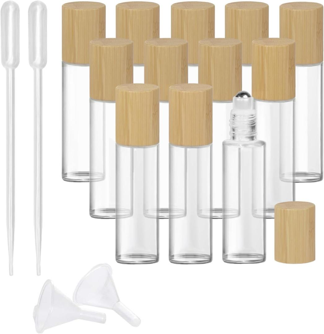 Glass Roll On Bottle with Bamboo Lid for Essential Oils, Creatiee Eco-friendly Refillable Clear Perfume Sample Bottles with Stainless Steel Roller Ball - Portable & Practical (12Pcs 15ml Clear)