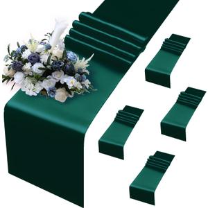 MILVOWOC 5 Pack Forest Green Satin Table Runners, 12 x 108 Inch Bright Satin Silk Table Runner Smooth Fabric Decorative Table Runner for Wedding Banquet Party Birthday Graduation