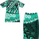 Polynesian Couples Matching Outfits Samoa Puletasi Women's Dresses and Luau Men's Shirts (Green, XL)