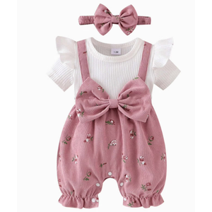 Newborn Baby Girls Outfit Corduroy Floral Bow Jumpsuit Short Sleeve Ruffle Romper+Headband Cute Fall Winter Clothes, 6-9 Months 