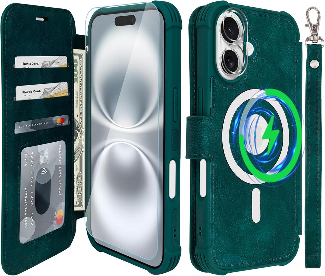 VANAVAGY Compatible for iPhone 16 Wallet Case for Magsafe Wireless Charging, PU Leather Flip Folio Wrist [Glass Screen Protector & Camera Lens Protector] with RFID Block Card Holder,Midnight Green