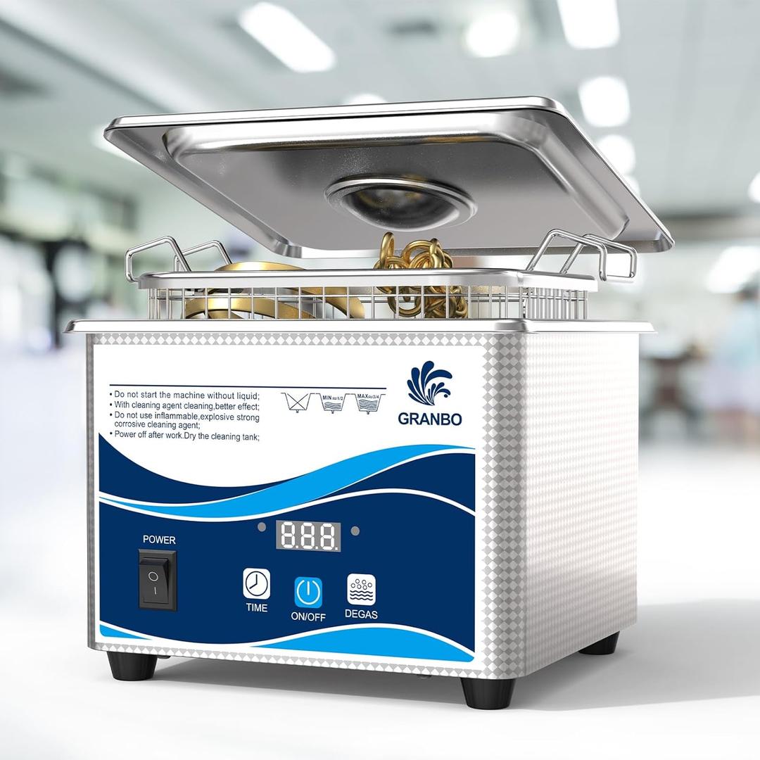 Granbo Ultrasonic Cleaner 1.3L Jewelry Cleaning Ultrasonic Machine 40kHz with Digital Timer and Degassing,110V Digital Ultrasonic Parts Cleaner for Denture Dental Oral Irrigator Parts Glasses