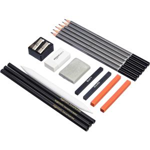 Amazon Basics Sketching and Drawing Art Pencil Kit, Artist Supplies with Pencils, Erasers, Sharpener, Charcoal, Black, White, 17 Piece Set