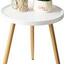 danpinera Small Round Side Table, Mini White Table with Wooden Tray & Metal Legged, Gold Side Table for Small Space, Living Room, Bedroom, Nursery, 14.96" D x 14.96" W x 17.52" H, White & Gold