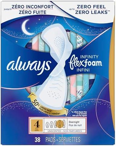 Always Infinity with FlexFoam Pads, Size 4, Overnight Absorbency, with Wings, Odourless, Up to Zero Leaks, No Feel, 38 Pack
