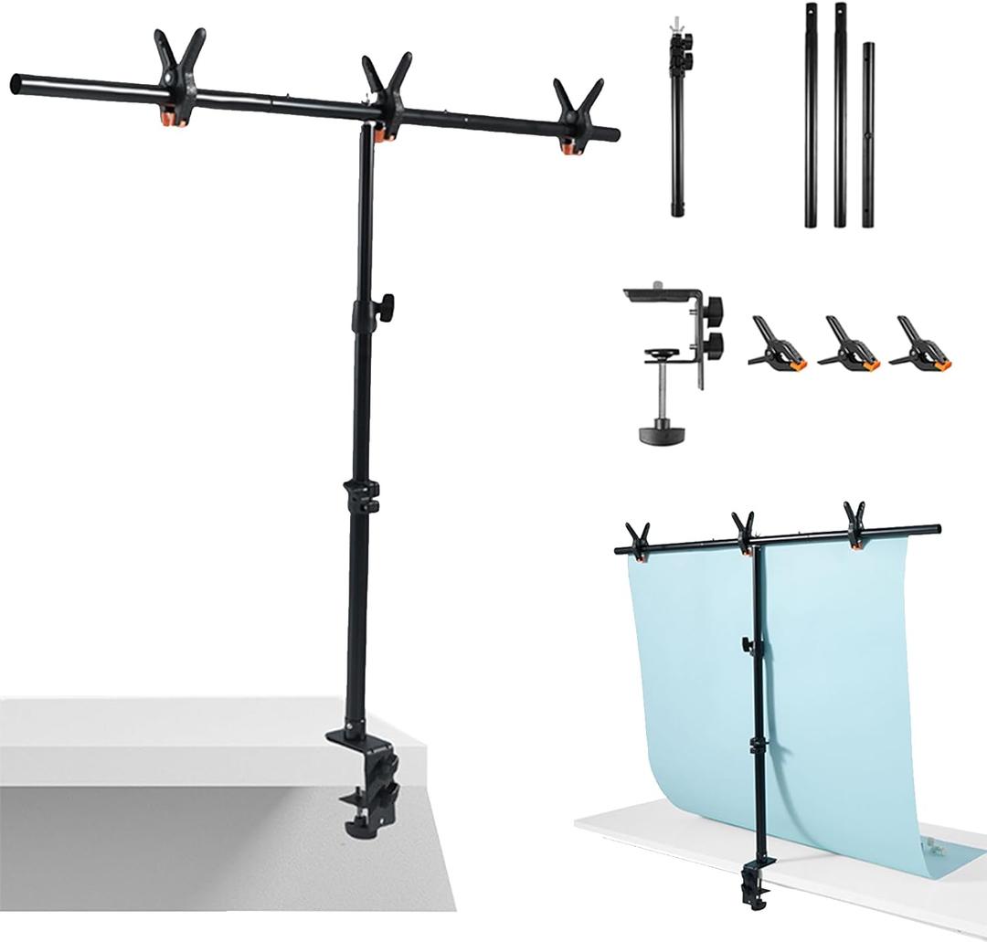 Table Backdrop Stand Kit 3 * 3.3 FT for Product Photography Paper Cloth, T Shape Backdrops Stand Adjustable Background Support Stand Kit with 3 Spring Clamps for Food Photoshoot