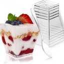 30 Pack 3.5 oz Square Dessert Cups with Spoons, Mini Plastic Parfait Appetizer Cups, Clear Reusable Small Shooter Cups, Serving Bowls for Tasting Party Samples Dessert Shot Glasses