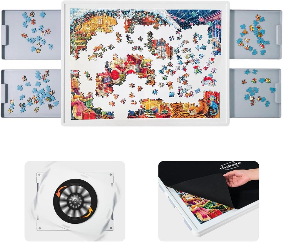 Playboda 1000 Piece Rotating Puzzle Board with Drawers & Cover, 30"x22" Spinning Jigsaw Puzzle Table for Adults, Upgraded Lazy Susan, Lightweight ABS Plastic, Perfect for Puzzle Lovers & Moms
