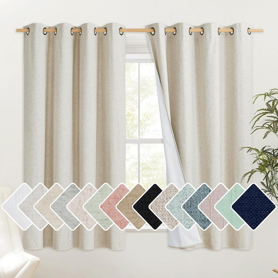NICETOWN Natural Linen Complete Blackout Cold Reducing Curtains 48 inches for Kids Room, 2 Panels, Thermal Insulated & Noise Reducing Window Draperies with White Liner, Noise Reducing Short Drapes