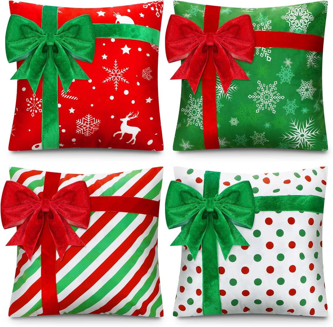 Kingdder Christmas Pillow Covers 20 x 20 Inch Set of 4 Farmhouse Xmas Throw Pillow Cases Gift Box Style Red Green White Snowflake Bow Decoration for Couch Holiday Sofa Cushion Decor