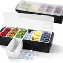 2PCS Ice Cooled Serving Tray Black – Chilled Garnish Cooler with Lid for Fruit Veggie Salad Bar Ice Station Plastic Serving Container Chilled Tray for Home Restaurant Container (6 Compartment x 2)