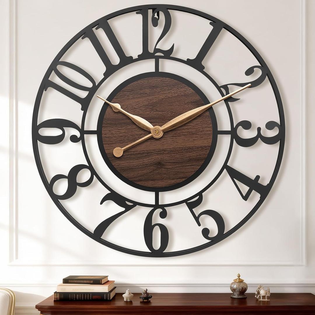 24 Inch Black Arabic Numeral Large Wall Clock with Walnut Dial