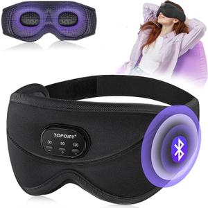 TOPOINT Sleep Mask with Bluetooth Headphones, 3D Eye Mask for Sleep Headphones with White Noise, Total Blackout, 5.4 Bluetooth, Timer, 15 Hours for Women Men, Travel, Meditation, Nap, CPAP Users, Bl