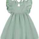 Toddler Baby Girl Playwear Dresses: Cotton Linen Summer Dress, Ruffle Sleeveless Dresses (2T, Green)