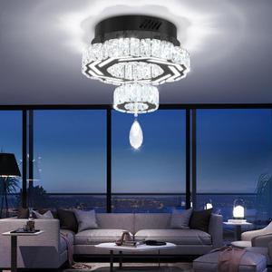 Flashing God 12" Modern Crystal Chandeliers Black Flush Mount Ceiling Chandelier Mini Chandelier for Hallway LED Dimmable Crystal Pendant Light for Dining Room Living Room Bedroom
