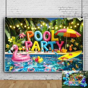 Pool Party Backdrop 12x8ft Tropical Leaves Flower Flamingo Glitter Summer Backdrops for Photography Background for Birthday Swimming Hawaiian Beach Luau Party Decorations Photo Props
