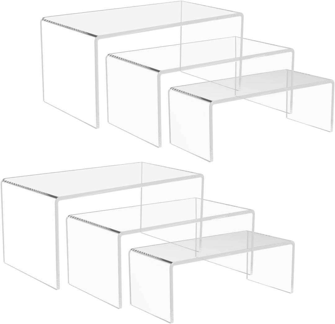 6PCS Acrylic Display Risers, 3 Sizes Clear Product Stand, Jewelry Display Riser Shelf Showcase Fixtures For Collectibles Display, Toy Figure Display