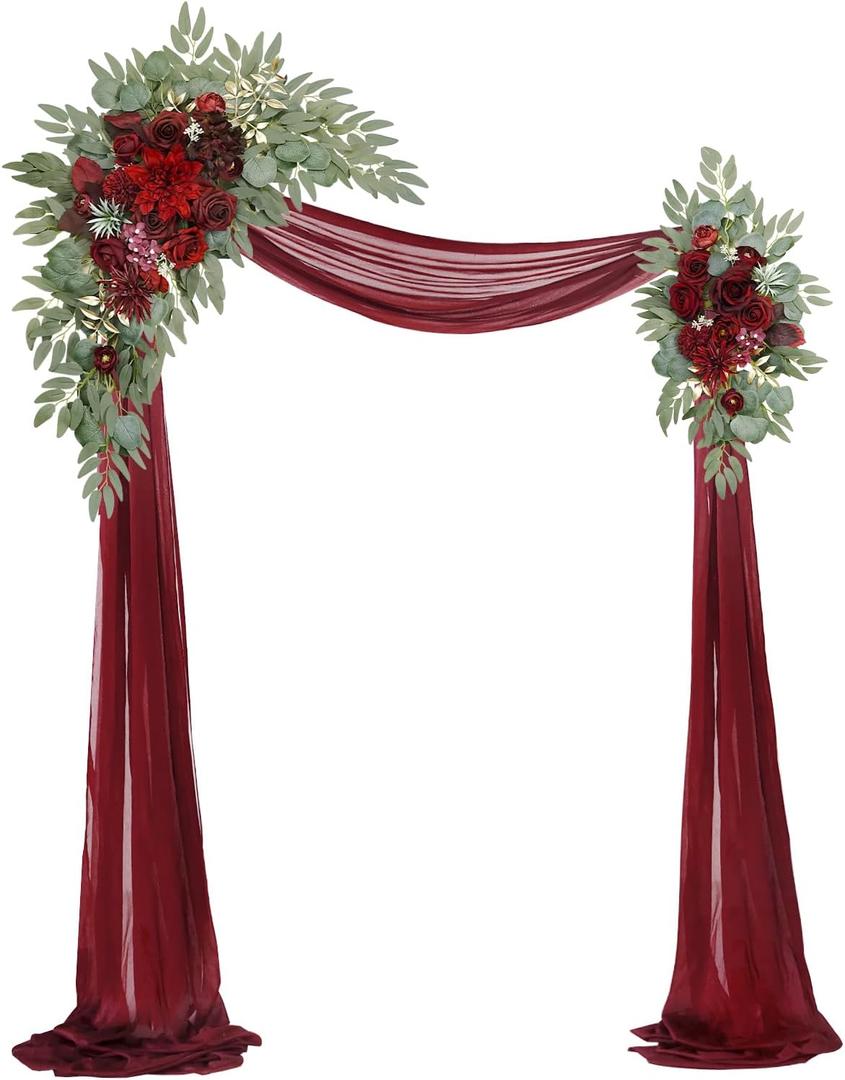 Artificial Wedding Arch Flowers Kit(Pack of 3),2Pcs Artificial Flower Arch Decor,1Pcs Sheer Drape for Wedding Ceremony Arbor for WeddingCeremony (Wine red Memory)