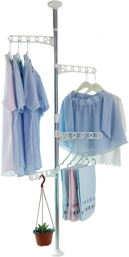 BAOYOUNI 4-Tier Standing Clothes Garment Drying Rack Laundry Coat Storage Rod Organizer Balcony Windowsill Adjustable Metal Corner Plant Hanger Tension Pole Rail Space Saving, Ivory