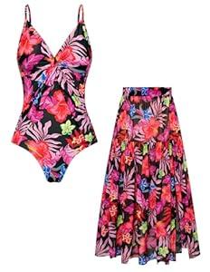 GRACE KARIN One Piece Swimsuits for Women with Cover Up Skirt Tummy Control V Neck Bathing Suits (X-Large, Black Red Floral)