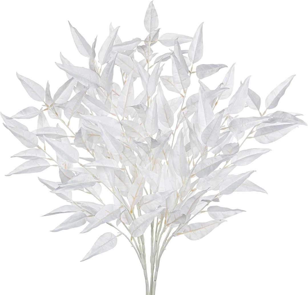 DILATATA Faux White Eucalyptus Stems  32 Artificial Willow Leaves, 5 Pcs Long White Eucalyptus Branches for DIY Bouquets, Centerpieces, Shower & Wedding Decorations