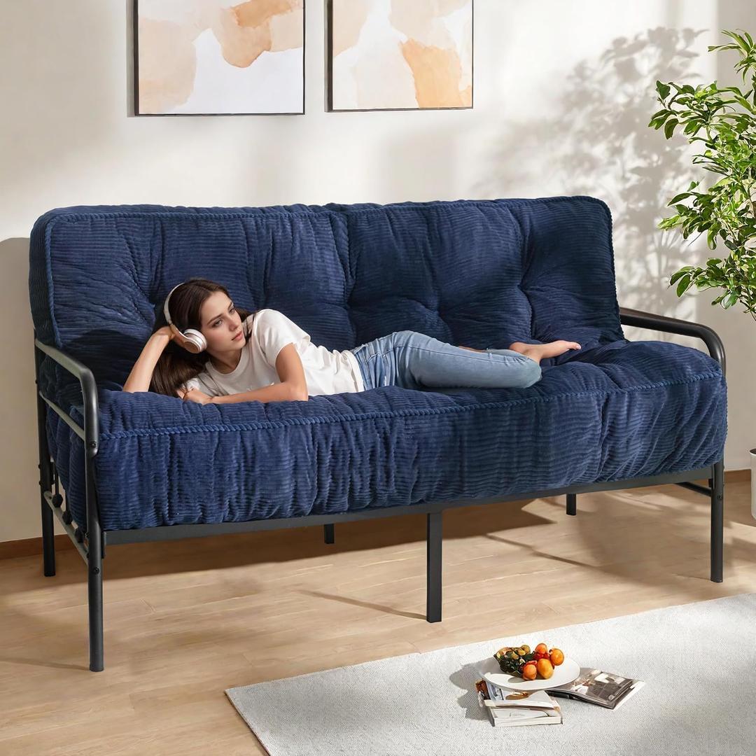 MAXYOYO 8" Futon Mattress Full Size, Ultra Thick Futons Sofa Couch Bed Tufted Sleeper Sofa Bed, Floor Mattress for Adults, Shredded Foam Filling (Frame Not Included), Navy