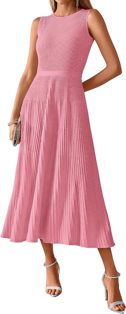 BTFBM Women Midi Bodycon Tank Dress | Casual Sleeveless Crewneck Knit Pleated A Line Sweater Dresses, Wedding Guest,Cocktail,Vacation Outfits, Summer 2026 (Pink, L)