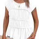 Cicy Bell Womens Cap Sleeve Peplum Tank Tops Summer Babydoll Smocked Cotton Shirts Casual Crew Neck Pleated Blouse White, Large