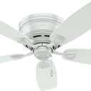 Hunter 48 inch Outdoor or Indoor Ceiling Fan No Light - Low Profile Mount, White Ceiling Fan without Light, For Patio, Porch, Garage, or Living Room, 5 Blades, Pull Chain - Sea Wind 53119, White