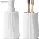 YAUKPH Bathroom Accessories Set 2 Piece Soap Dispenser and Toothbrush Holder for Bathroom Countertop Striped White