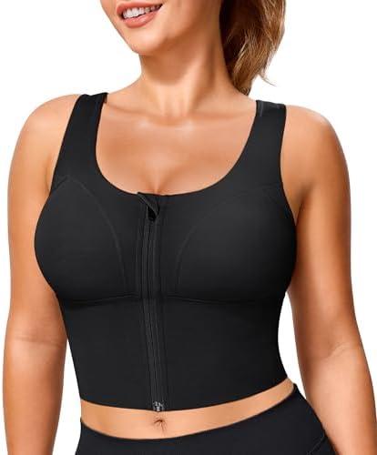 TrainingGirl Zip Front Closure Longline Sports Bras for Women - Workout Crop Tank Tops Yoga Camisole Criss Cross Back, Size XL