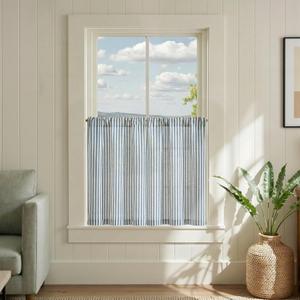 Jinchan Striped Linen Kitchen Curtains 30 Inches Length Tier Curtains Farmhouse Modern Cafe Style Small Window Treatments Airy Light Filtering Rod Pocket for Living Room Bathroom 2 Panels Blue