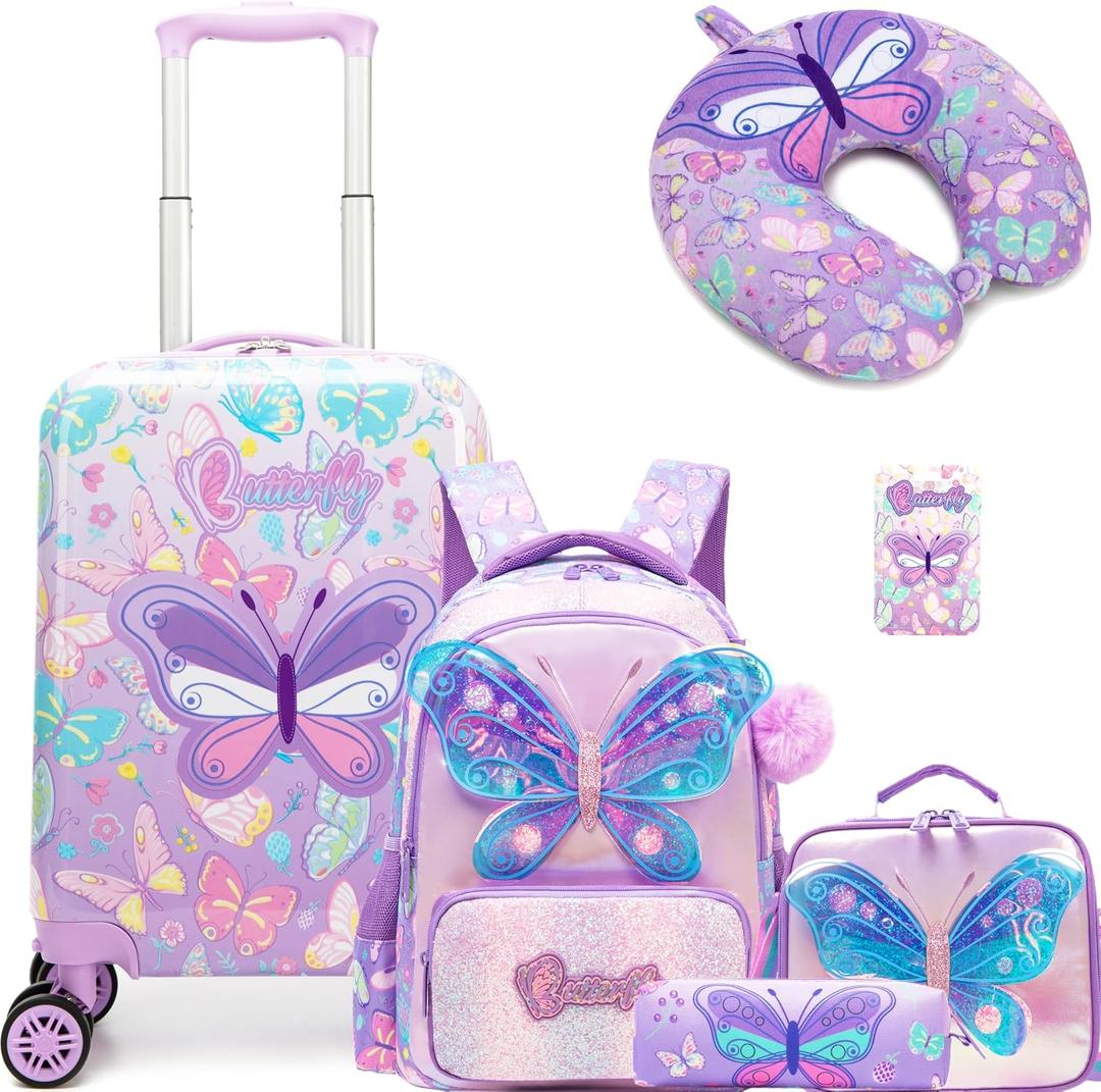 Kid's Luggage Set 5 Piece Suitcase Set 16" Hardside Luggage with Spinner Wheels Girls Carry on Toddler Travel Rolling Suitcase with Neck Pillow Airline Approved, 05 Butterfly