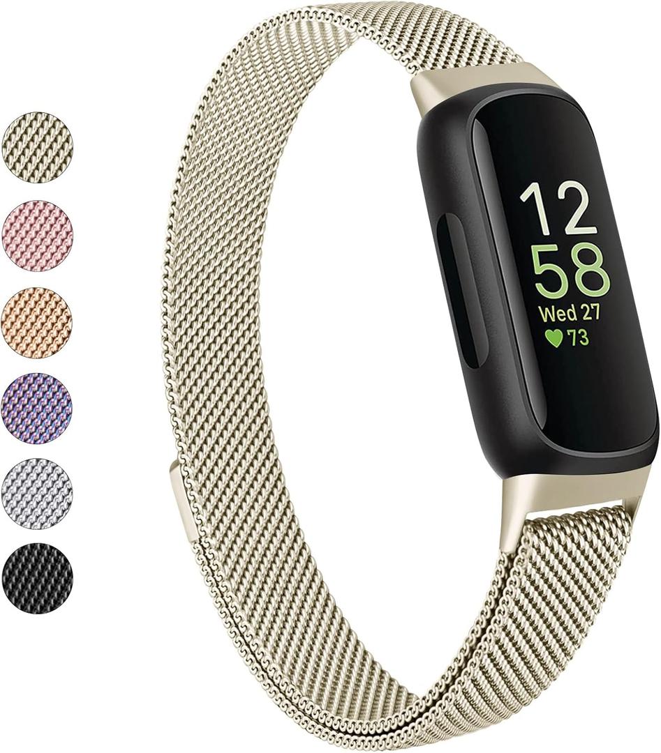 Vanjua for Fitbit Inspire 3 Bands Women Men, Stainless Steel Metal Mesh Loop Adjustable Magnetic Wristband Replacement Straps Compatible with Fitbit Inspire 3 Fitness Tracker (Champagne Gold)