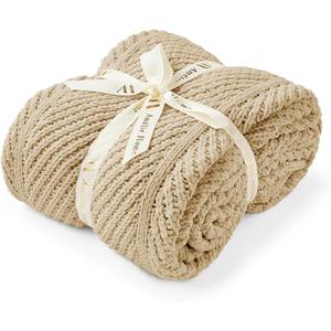 Amlie Home Chevron Chenille Knit Throw Blanket for Couch, Cozy Texture Decorative Soft Blanket for Sofa & Chair, 50"x60", Beige