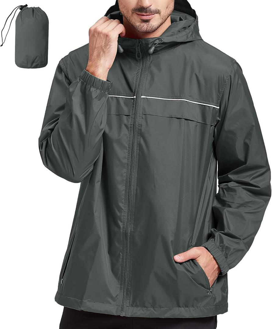 SWISSWELL Rain Jacket Men Waterproof Windbreaker, Lightweight Hooded Raincoat for Daily Casual (X-Large, Dark Grey+packable)