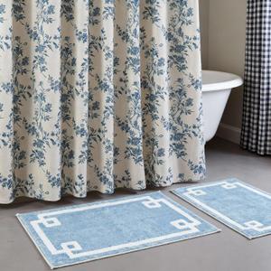 Lounsweer 3 Pcs Blue Shower Curtain Set with Non Slip Cotton Bathroom Rugs Floral Cotton Linen Cottagecore Shower Curtain for Bathroom Farmhouse Hotel Tub Decor 72 x 72