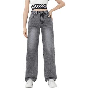 MakeMeChic Girl's Jeans Baggy Wide Straight Leg High Elastic Waisted Denim Pants Y2k Kid 7-14Y (Dark Grey)